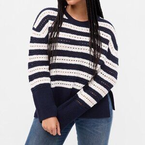 New Gap 24/7 Split Hem Crochet cotton sweater navy striped size small
